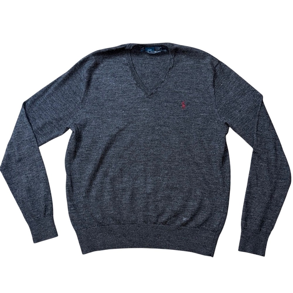 Polo Ralph Lauren Mens Charcoal Grey 100% Merino Wool V-Neck Sweater Sz L -07555